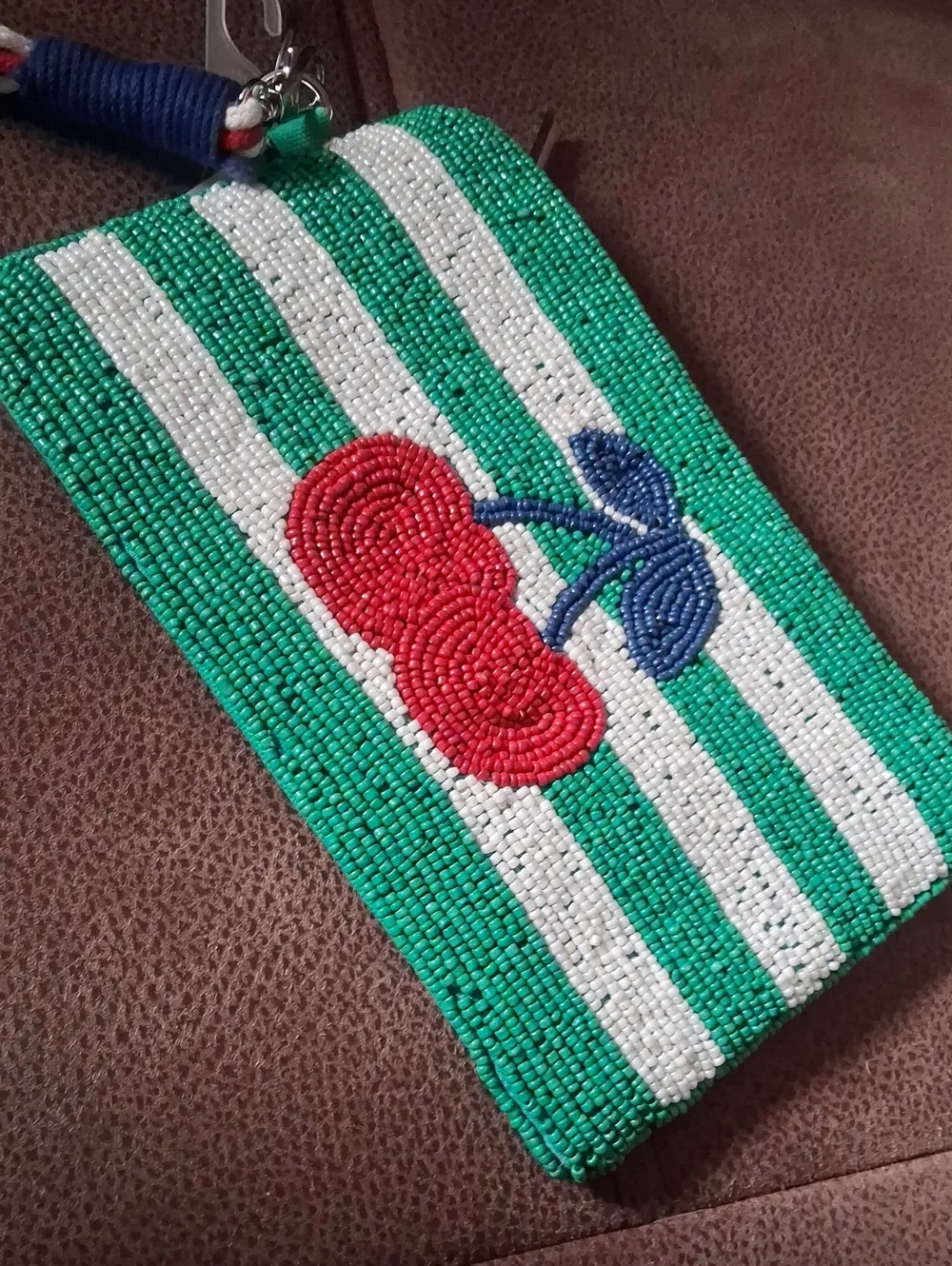 Beaded Green & White Stripe Cherry Wristlet Pouch - Women's Accessories